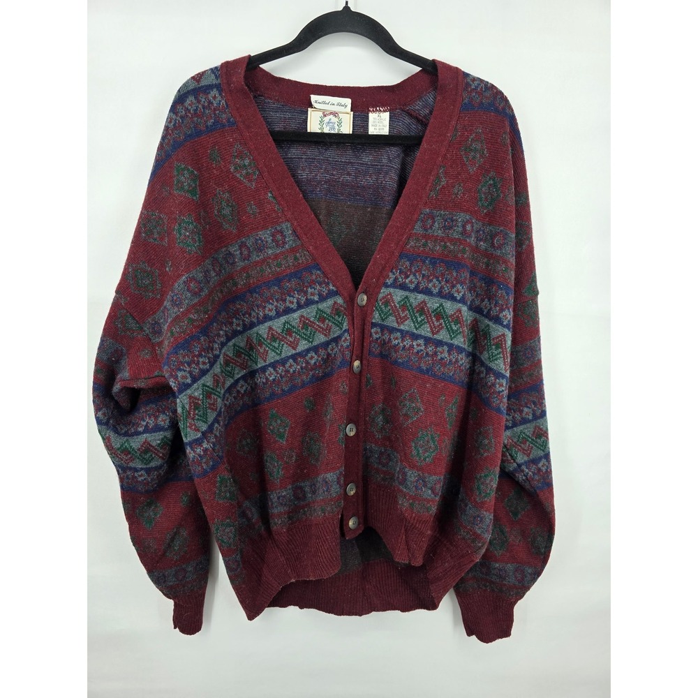 Vintage Sears Roebuck Men XL Cardigan Sweater Wool Blend Fair Isle Made in Italy